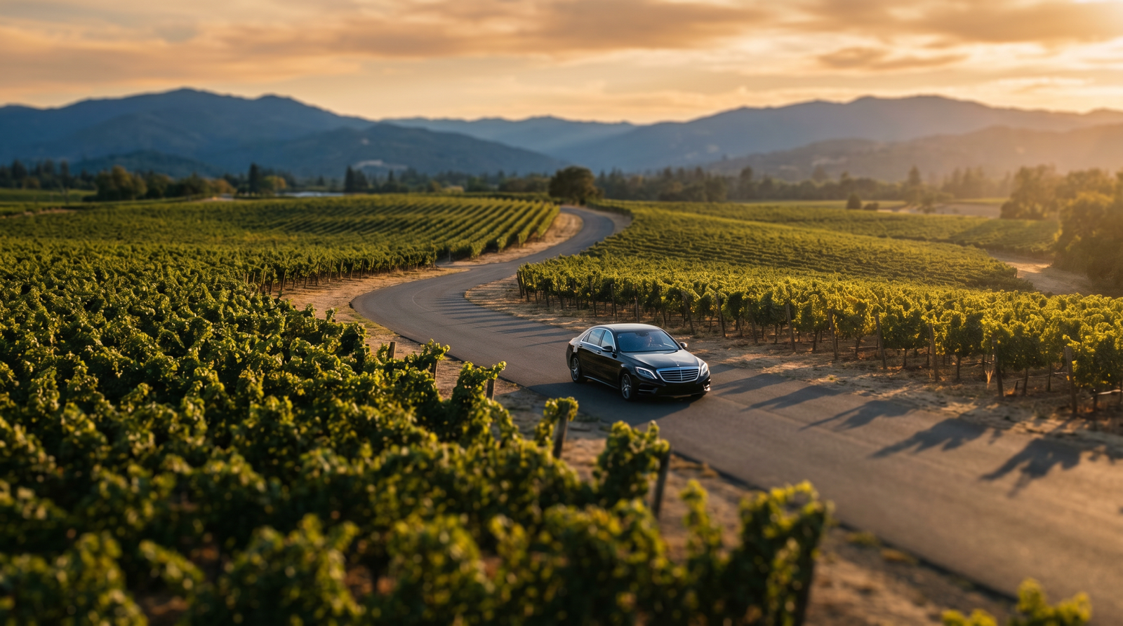 Black sedan on a winding road through Napa Valley vineyards at golden hour
